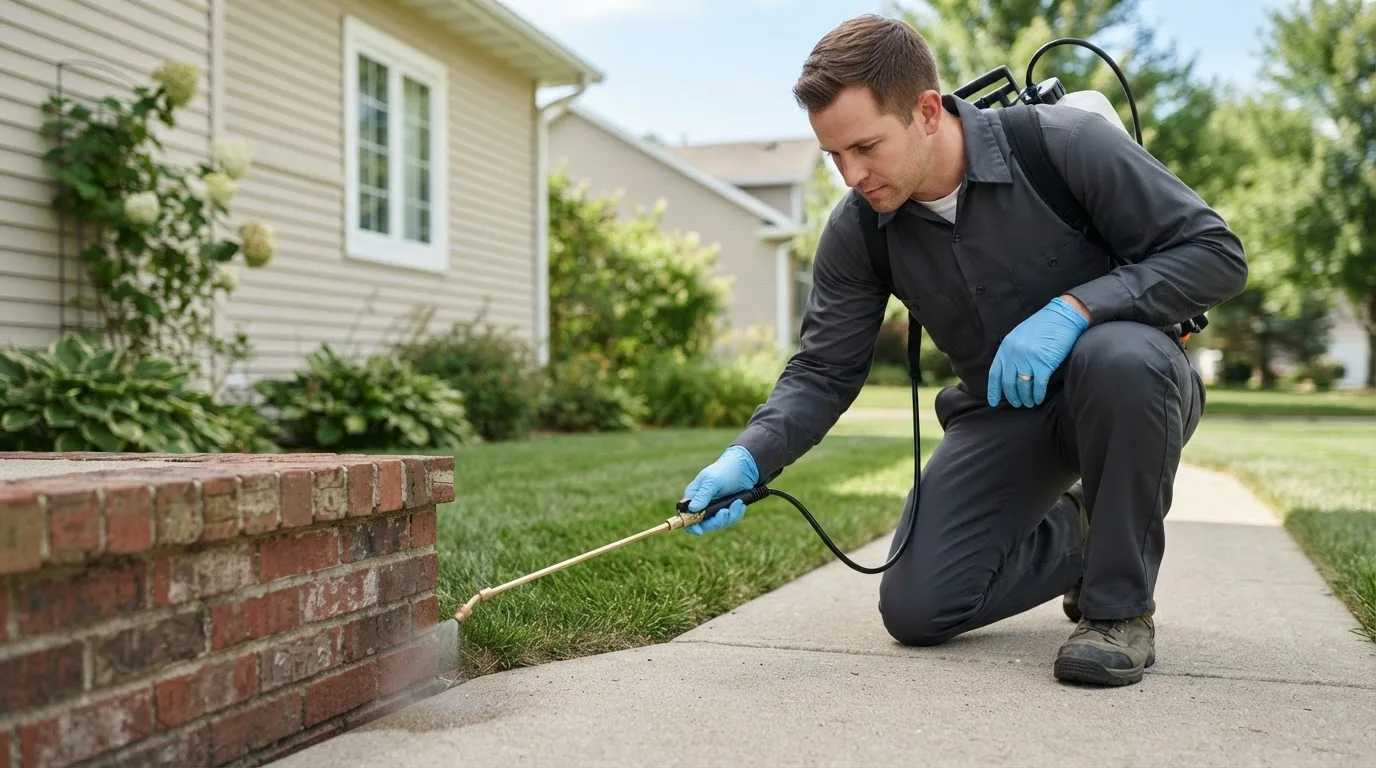 Pest control technician treating a home near Fremont, IA