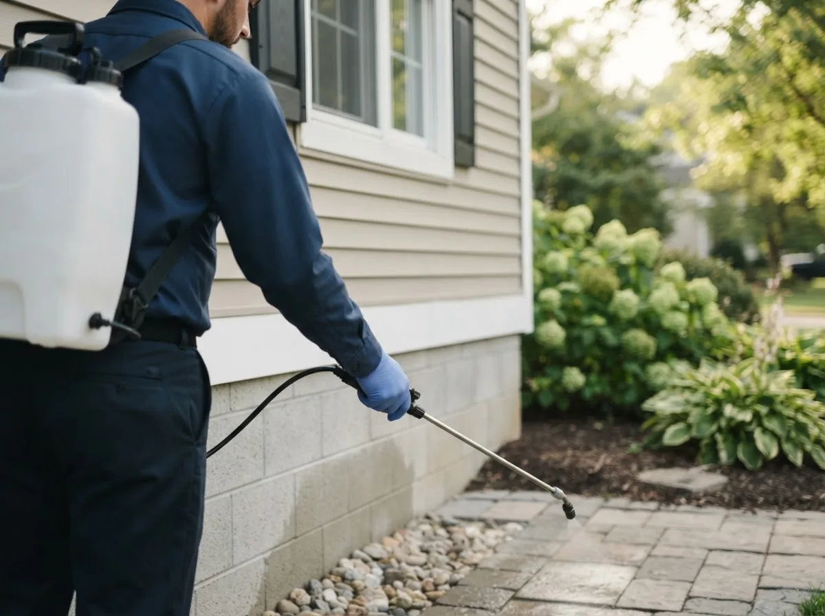 Pest control technician inspecting a home in Fremont, IA